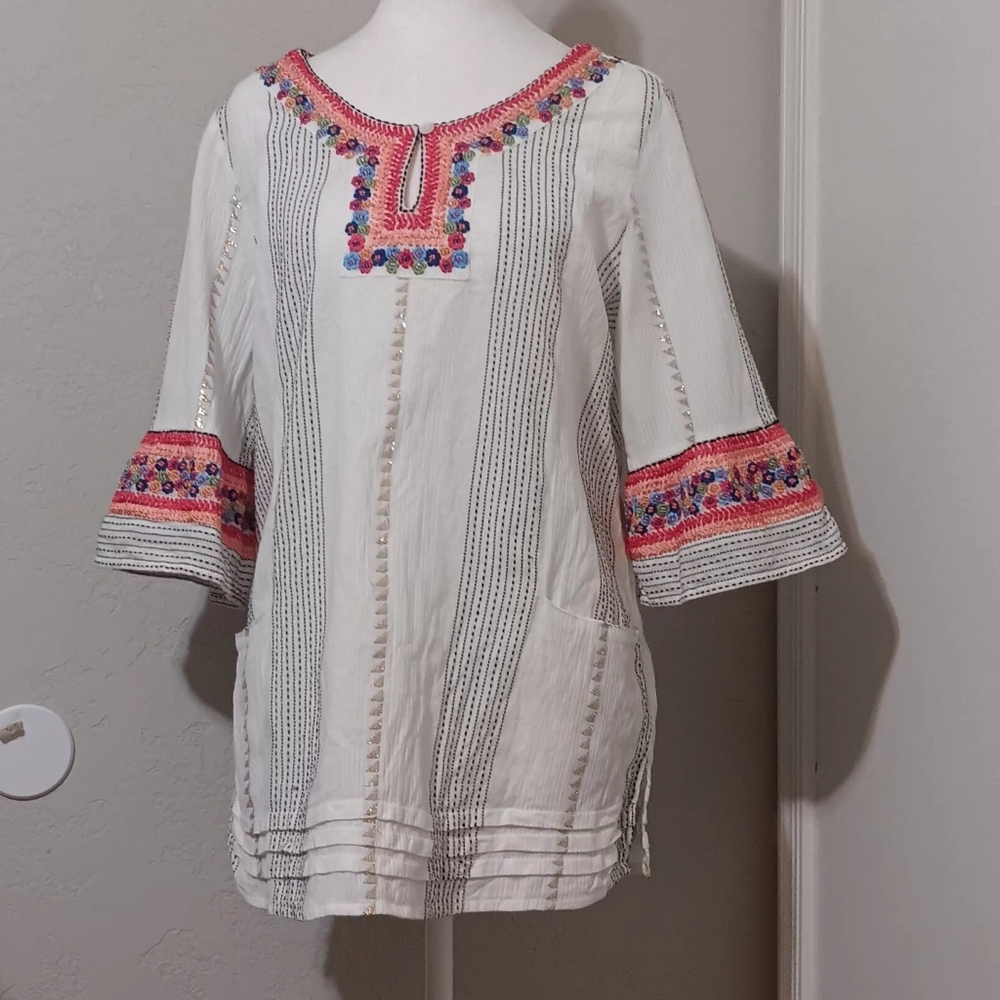 Soft Surrounding‎ Embroidered Tunic Ivory/Pink 3/4 Sleeve SzM Pockets Women
